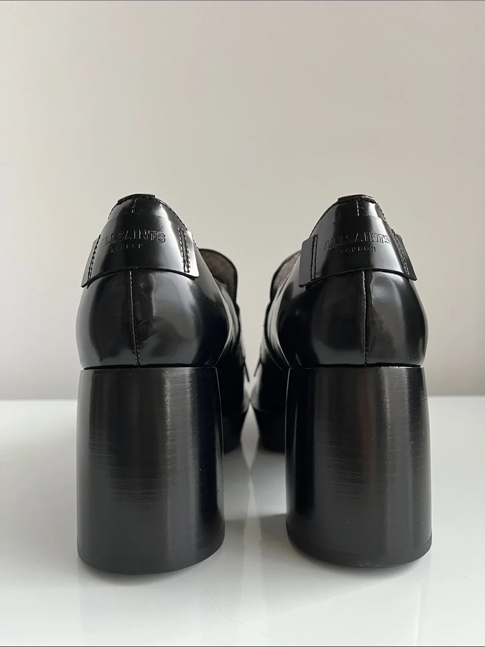 All Saints “ZIA” Black Leather Kiltie Loafers with Gold Buckle